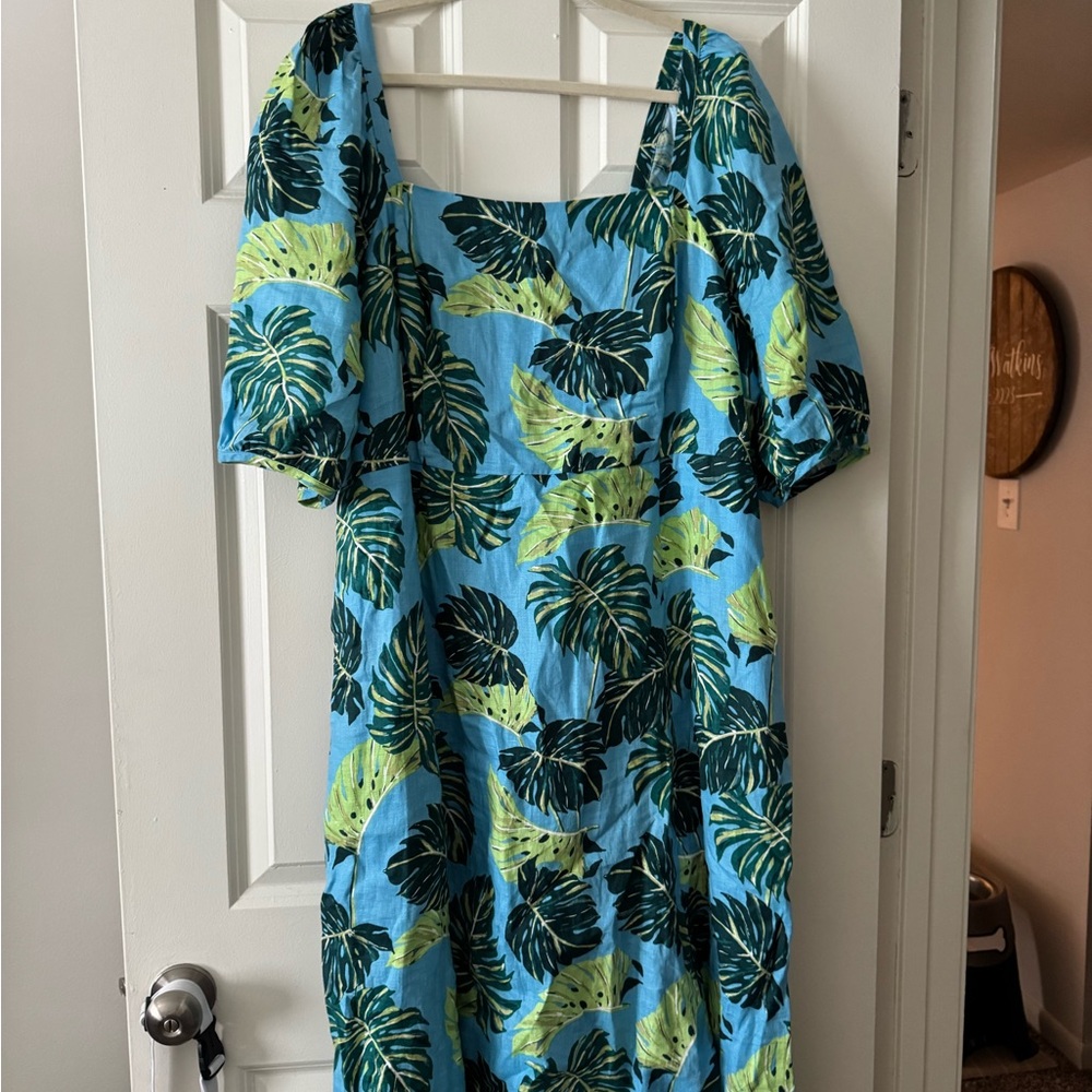 Draper James Linen Blue Leaf Print Midi Dress